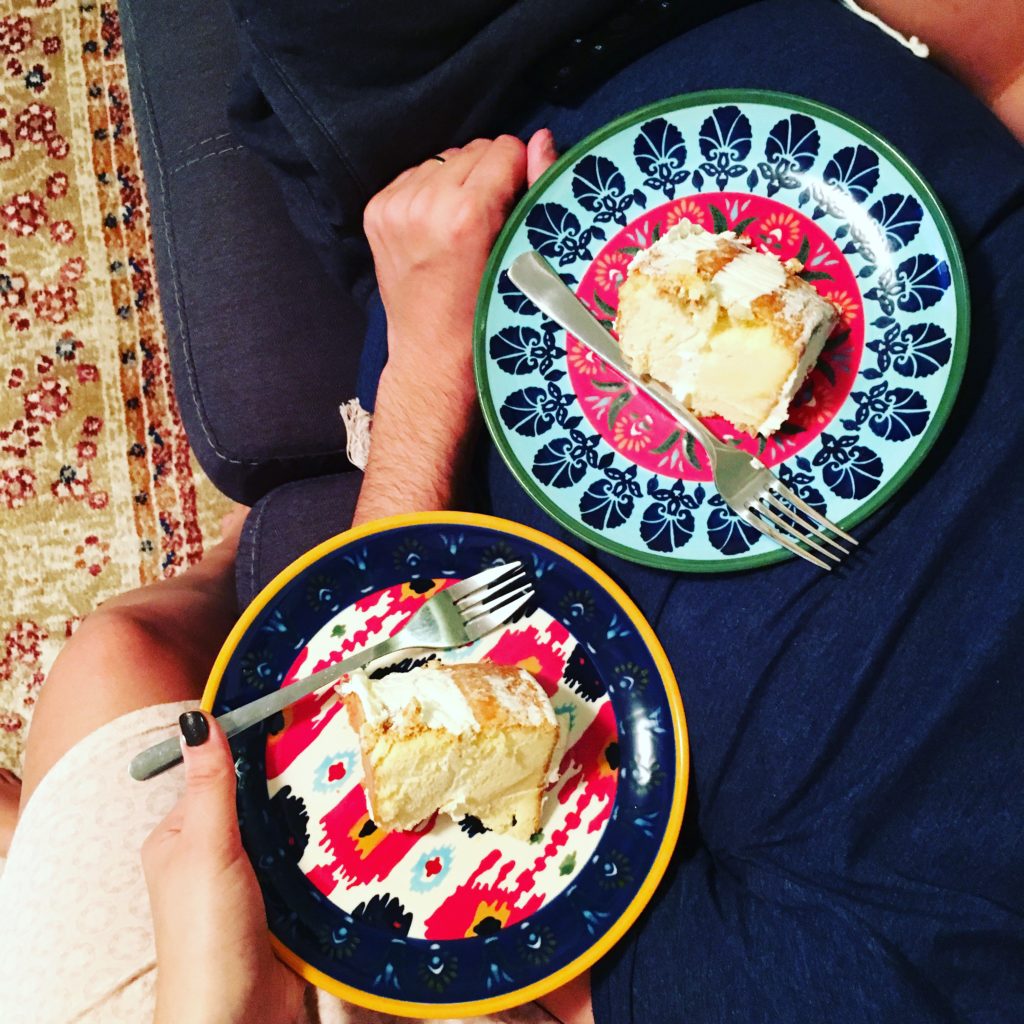 last but not least, enjoying a piece of our wedding cake together in our new finished basement! we had a vegan lemon and buttercream cake from a local shop, silver spoon bakery. YUM!!